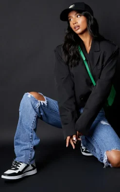 PRETTYLITTLETHING Petite Mid Blue Wash Ripped Long Leg Straight Jeans