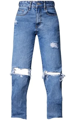 PRETTYLITTLETHING Petite Mid Blue Wash Ripped Long Leg Straight Jeans