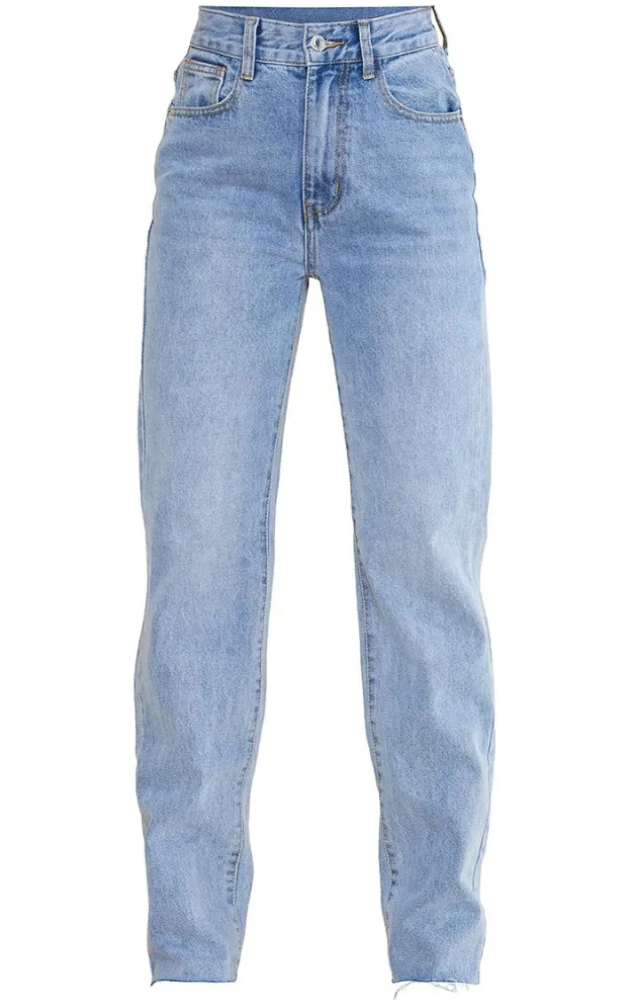PRETTYLITTLETHING Petite Light Blue Wash Long Leg Straight Jeans
