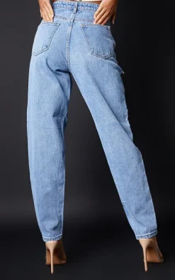 PRETTYLITTLETHING Petite Light Blue Wash Thigh Ripped Mom Jeans