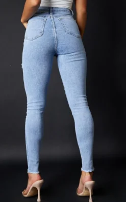 PRETTYLITTLETHING Petite Vintage Wash Thigh Rip Raw Hem 5 Pocket Skinny Jeans
