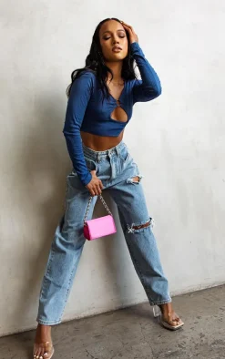 PRETTYLITTLETHING Petite Light Blue Wash Open Knee Boyfriend Jeans