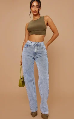 PRETTYLITTLETHING Petite Light Blue Split Hem Jeans