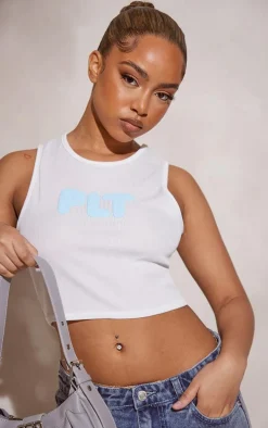 PRETTYLITTLETHING Petite White Bubble Rib Racer Crop Top