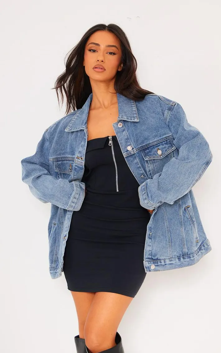 PRETTYLITTLETHING Petite Vintage Wash Oversized Boyfriend Denim Jacket