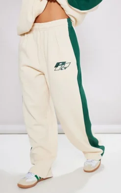 PRETTYLITTLETHING Petite Cream Embroidered Side Panel Straight Leg Sweatpants