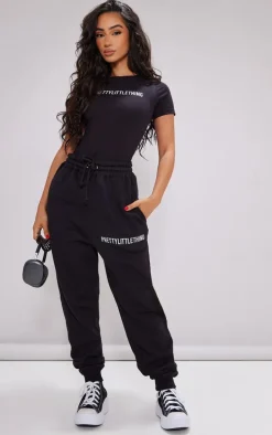 PRETTYLITTLETHING Petite Black Logo Short Sleeve Bodysuit