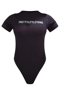 PRETTYLITTLETHING Petite Black Logo Short Sleeve Bodysuit