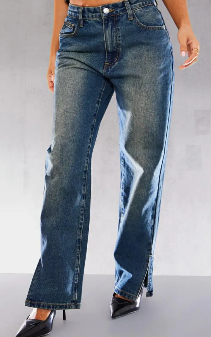 PRETTYLITTLETHING Petite Vintage Bleach Wash Split Hem Jeans