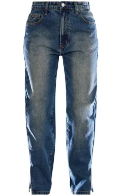 PRETTYLITTLETHING Petite Vintage Bleach Wash Split Hem Jeans