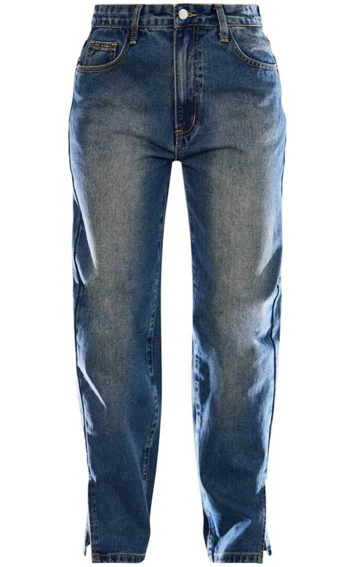 PRETTYLITTLETHING Petite Vintage Bleach Wash Split Hem Jeans