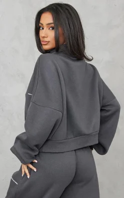 PRETTYLITTLETHING Petite Charcoal Oversized Half Zip Sweat