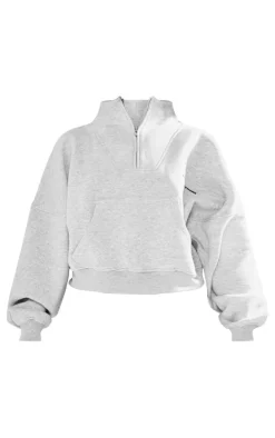 PRETTYLITTLETHING Petite Ash Grey Oversized Half Zip Sweatshirt