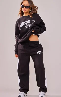 PRETTYLITTLETHING Petite Black Embroidered Side Panel Oversized Sweatshirt