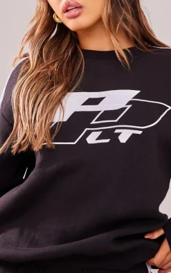 PRETTYLITTLETHING Petite Black Embroidered Side Panel Oversized Sweatshirt