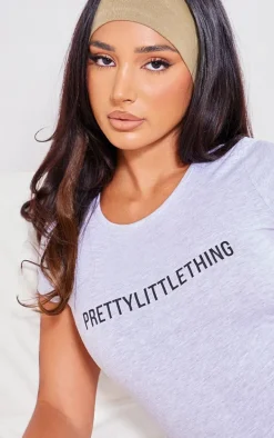 PRETTYLITTLETHING Petite Ash Grey Logo Short Sleeve Bodysuit