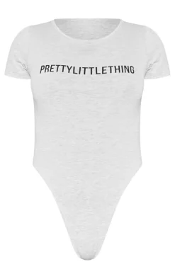 PRETTYLITTLETHING Petite Ash Grey Logo Short Sleeve Bodysuit