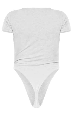 PRETTYLITTLETHING Petite Ash Grey Logo Short Sleeve Bodysuit