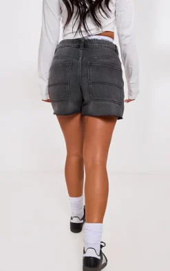 PRETTYLITTLETHING Petite Washed Black Raw Hem Boyfriend Denim Shorts