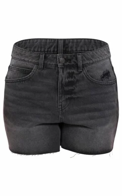 PRETTYLITTLETHING Petite Washed Black Raw Hem Boyfriend Denim Shorts