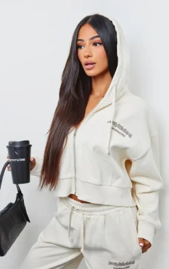 PRETTYLITTLETHING Petite Cream Premium Print Zip Front Hoodie