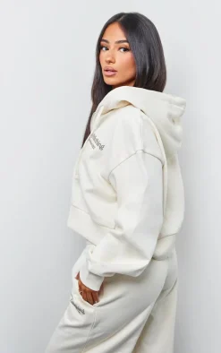 PRETTYLITTLETHING Petite Cream Premium Print Zip Front Hoodie