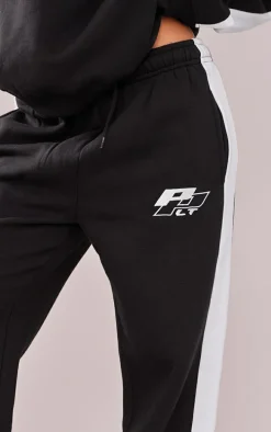 PRETTYLITTLETHING Petite Black Embroidered Side Panel Detail Straight Leg Sweatpants