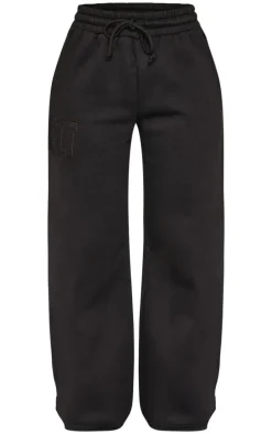 PRETTYLITTLETHING Petite Black Embroidered Wide Leg Sweatpants