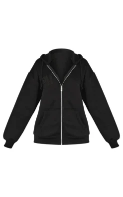 PRETTYLITTLETHING Petite Black Embroidered Zip Up Hoodie