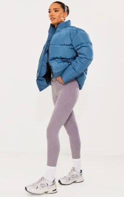 PRETTYLITTLETHING Petrol Blue Panelled High Neck Puffer Coat