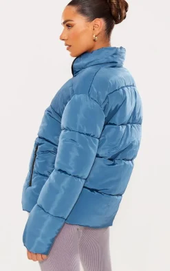 PRETTYLITTLETHING Petrol Blue Panelled High Neck Puffer Coat