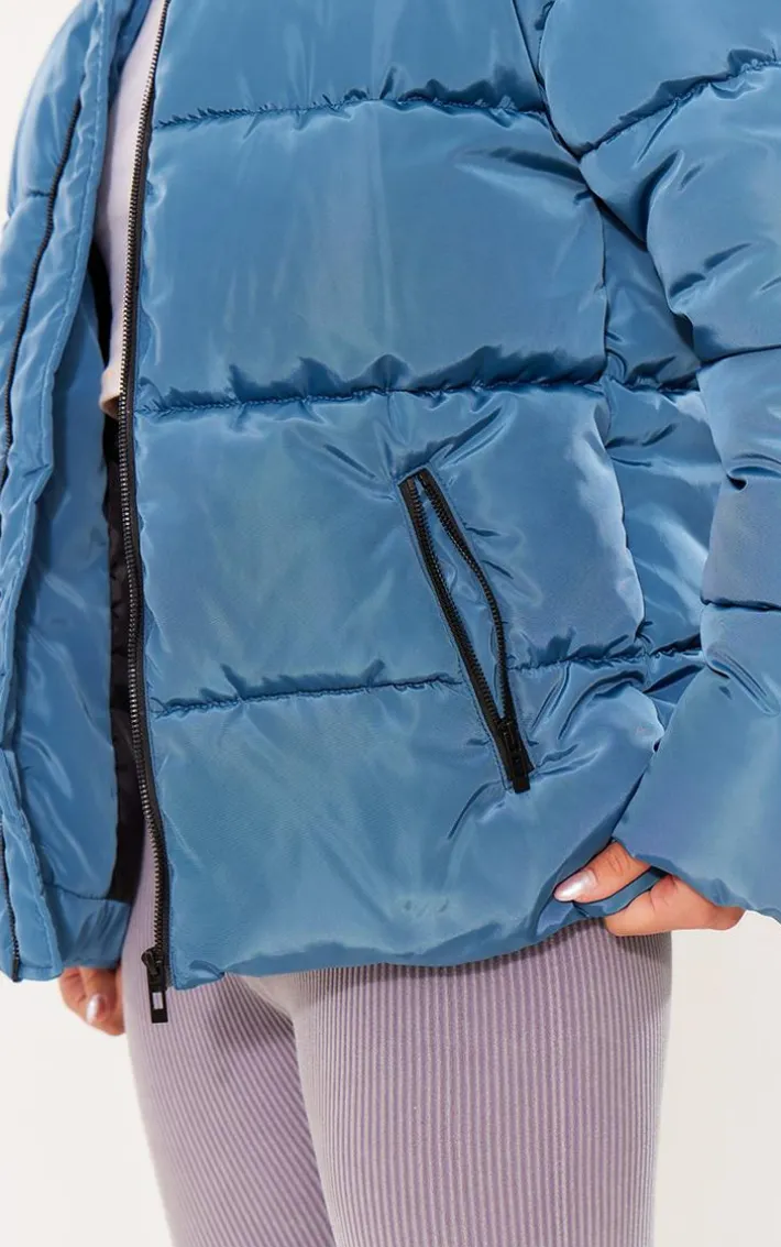 PRETTYLITTLETHING Petrol Blue Panelled High Neck Puffer Coat