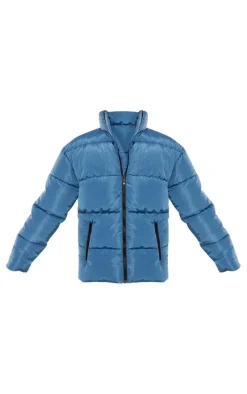 PRETTYLITTLETHING Petrol Blue Panelled High Neck Puffer Coat
