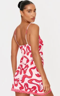 PRETTYLITTLETHING Pink Bow Print Lace Trim Jersey Nightie