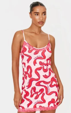 PRETTYLITTLETHING Pink Bow Print Lace Trim Jersey Nightie
