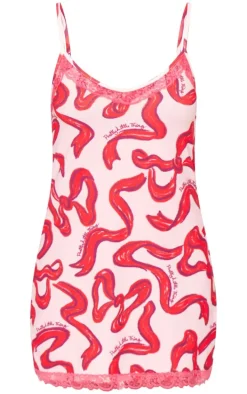 PRETTYLITTLETHING Pink Bow Print Lace Trim Jersey Nightie