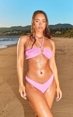 PRETTYLITTLETHING Pink Burnout Towelling Ring Halter Neck Bikini Top