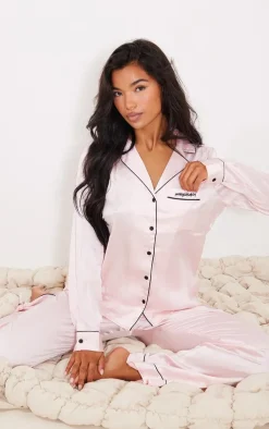 PRETTYLITTLETHING Pink Contrast Piping Satin Long PJ Set