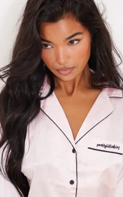 PRETTYLITTLETHING Pink Contrast Piping Satin Long PJ Set