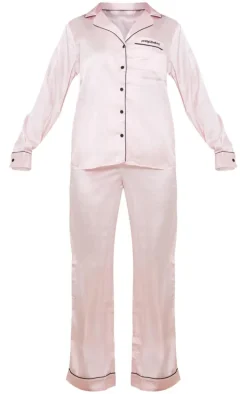 PRETTYLITTLETHING Pink Contrast Piping Satin Long PJ Set