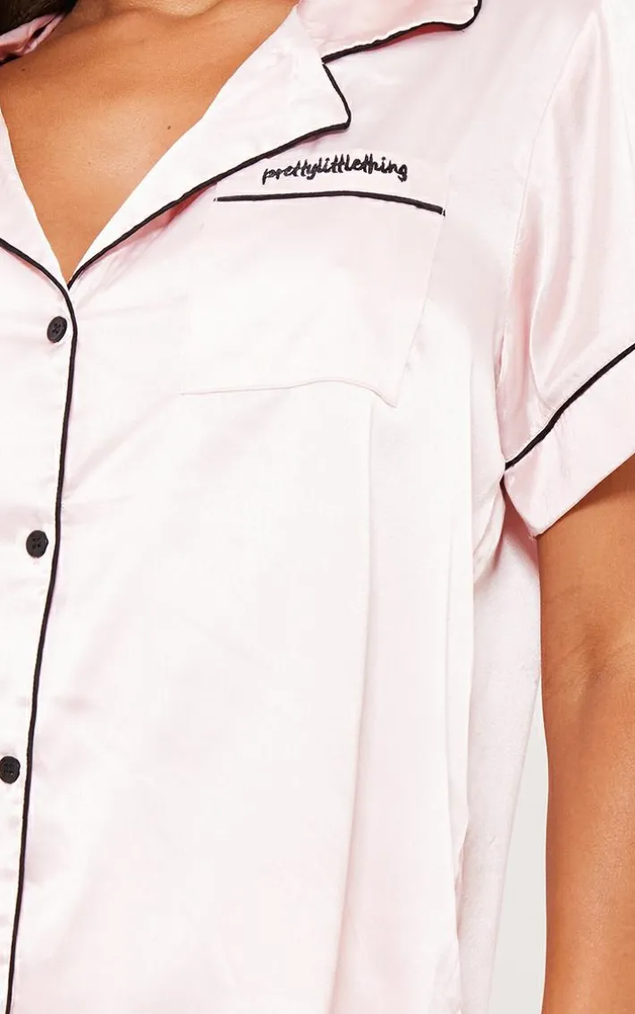 PRETTYLITTLETHING Pink Contrast Satin Piping Short PJ Set