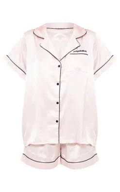 PRETTYLITTLETHING Pink Contrast Satin Piping Short PJ Set
