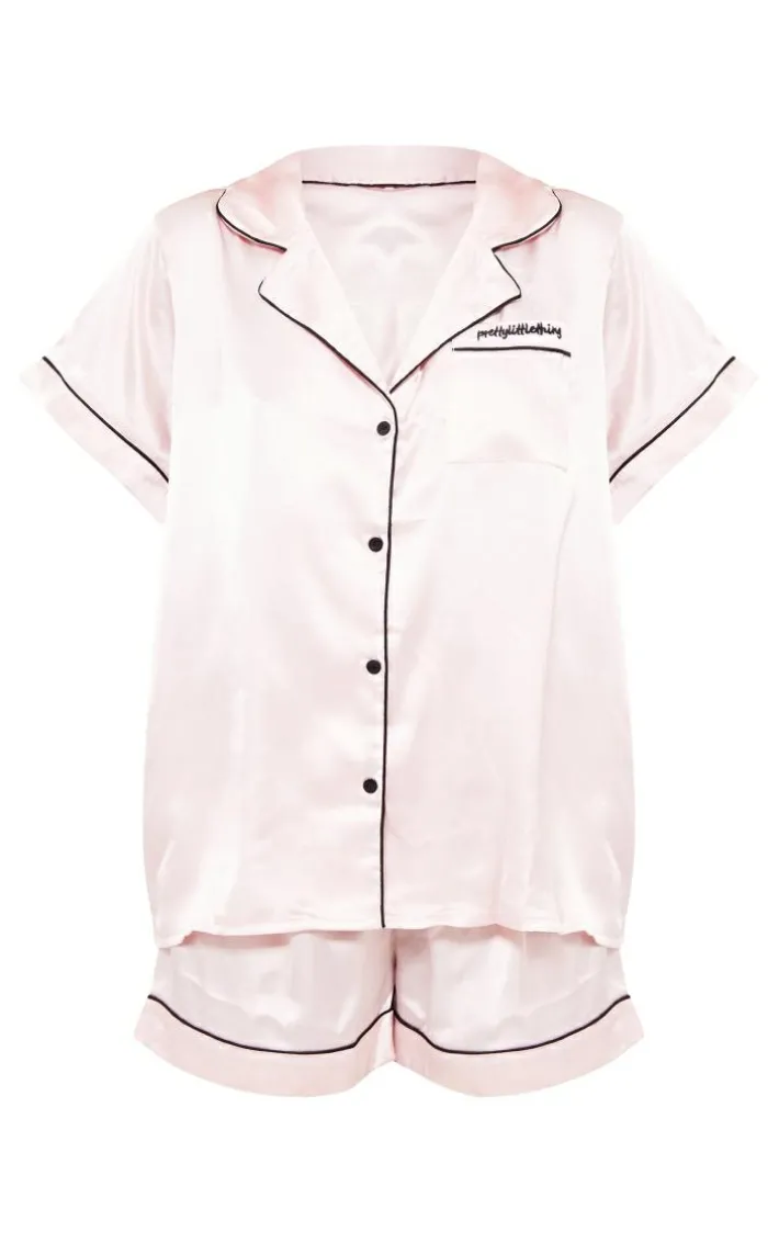 PRETTYLITTLETHING Pink Contrast Satin Piping Short PJ Set