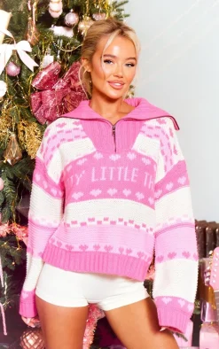 PRETTYLITTLETHING Pink Fairisle Half Zip Knit Sweater
