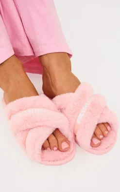PRETTYLITTLETHING Pink Logo Tape Cross Over Slippers