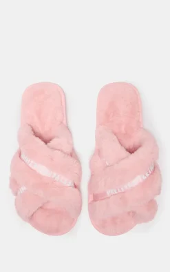 PRETTYLITTLETHING Pink Logo Tape Cross Over Slippers