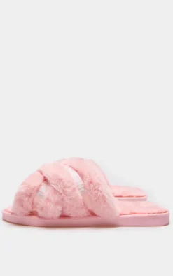 PRETTYLITTLETHING Pink Logo Tape Cross Over Slippers
