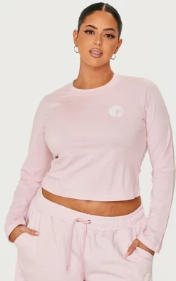 PRETTYLITTLETHING Plus Baby Pink Printed Fitted Long Sleeve T Shirt
