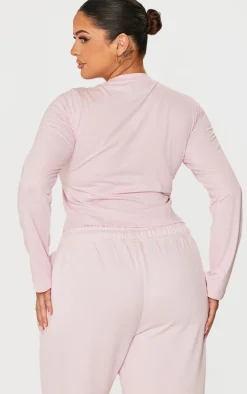 PRETTYLITTLETHING Plus Baby Pink Printed Fitted Long Sleeve T Shirt