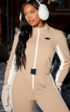 PRETTYLITTLETHING Plus Beige Belted Fitted Scuba Suit
